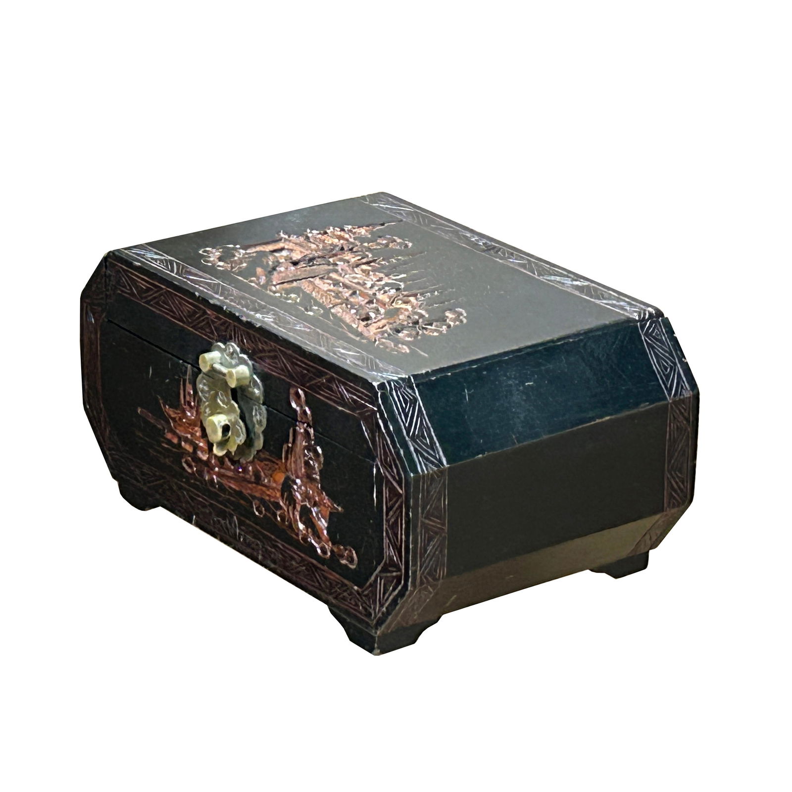 Vintage Asian Black Copper Color Scenery Motif Storage Accent Box - 5