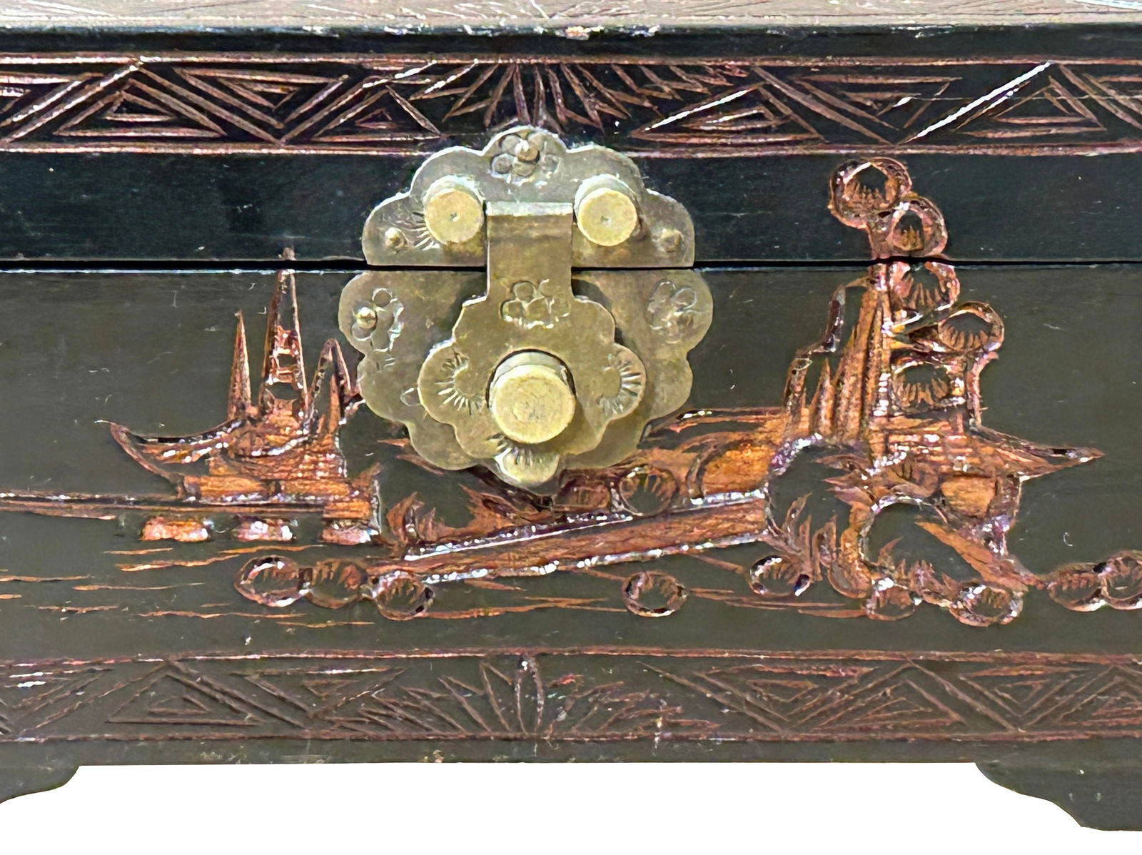 Vintage Asian Black Copper Color Scenery Motif Storage Accent Box - 8