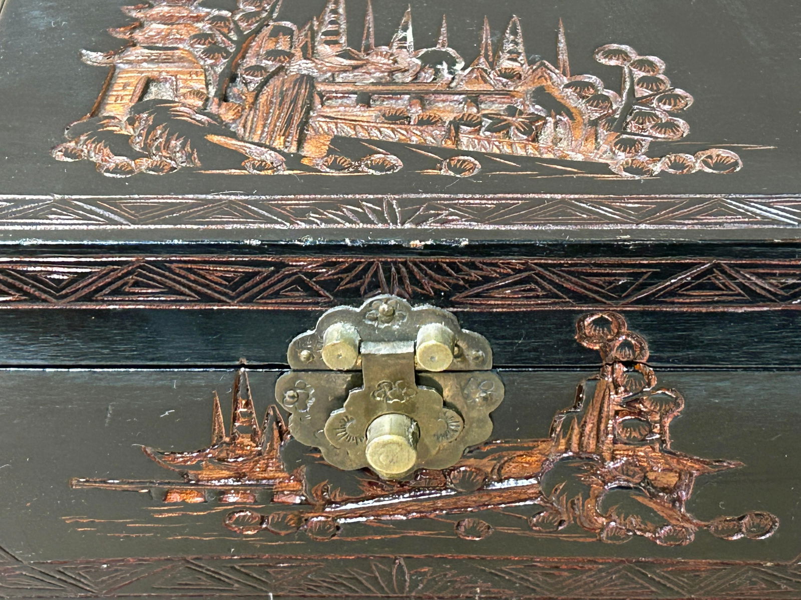 Vintage Asian Black Copper Color Scenery Motif Storage Accent Box - 9