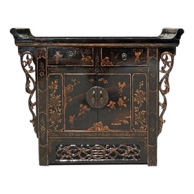 Chinese Rustic Black Vintage Point Edge Golden Graphic Credenza Cabinet