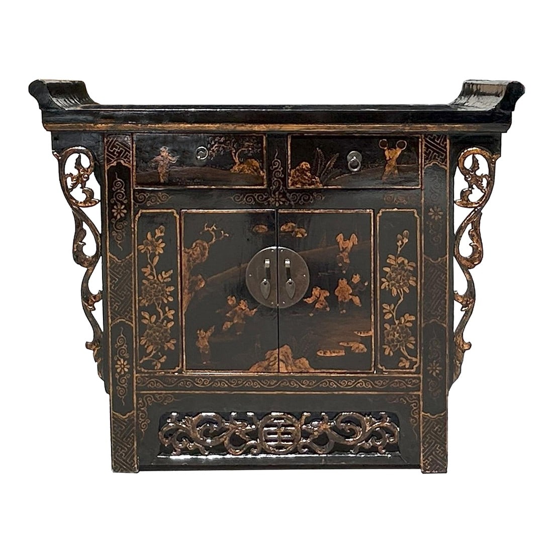 Chinese Rustic Black Vintage Point Edge Golden Graphic Credenza Cabinet: This stunning credenza cabinet exudes vintage charm and traditional Chinese elegance. Crafted with a rustic black finish, it features point edges that give it a distinctive silhouette. The golden grap