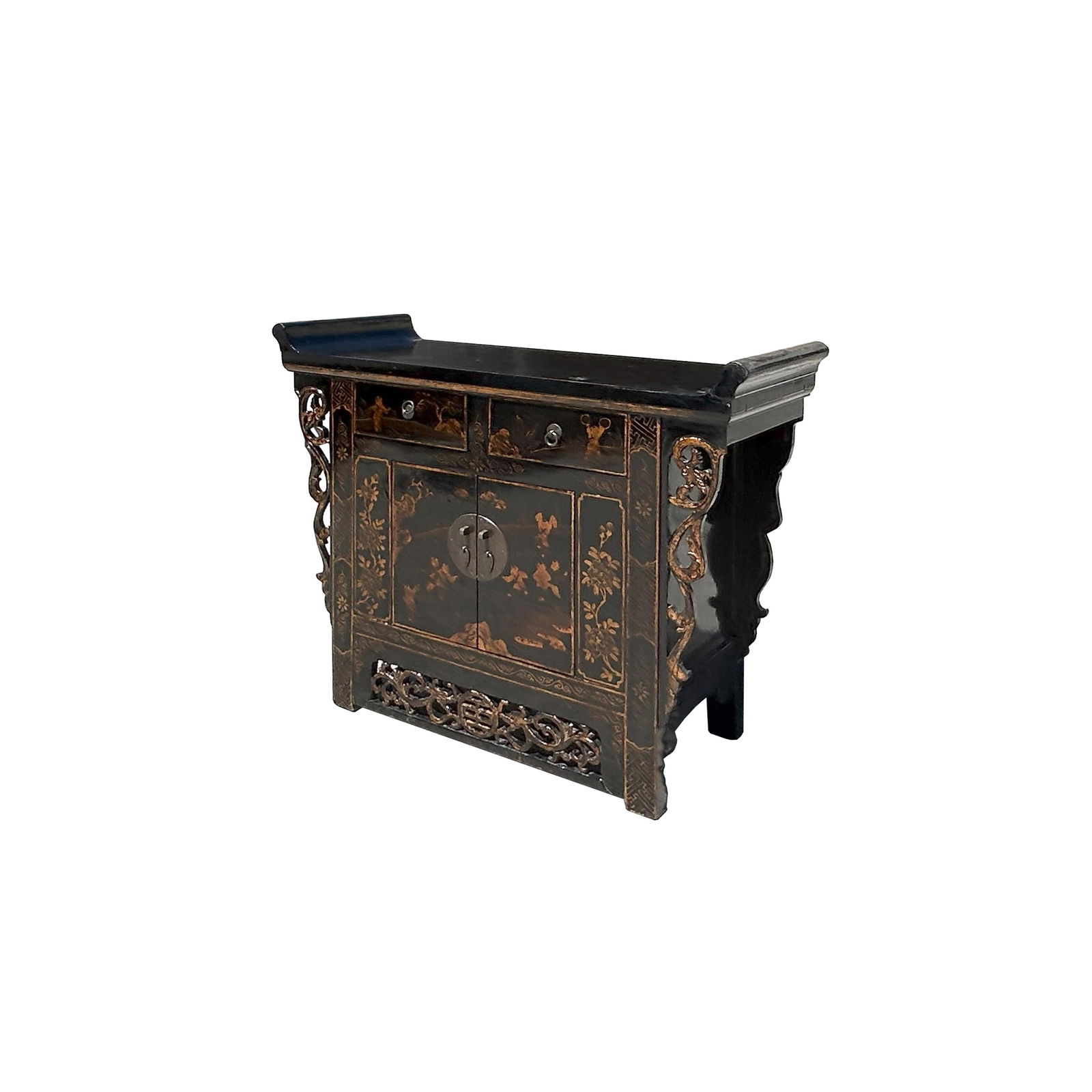 Chinese Rustic Black Vintage Point Edge Golden Graphic Credenza Cabinet - 3