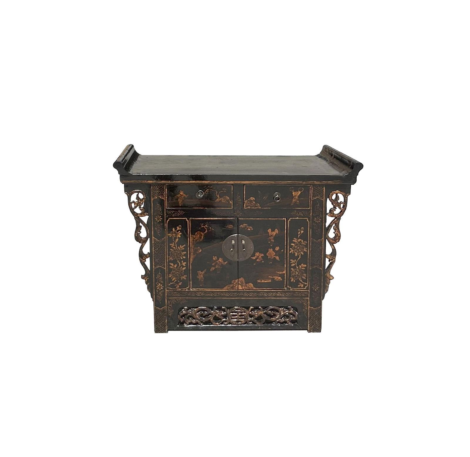 Chinese Rustic Black Vintage Point Edge Golden Graphic Credenza Cabinet - 5