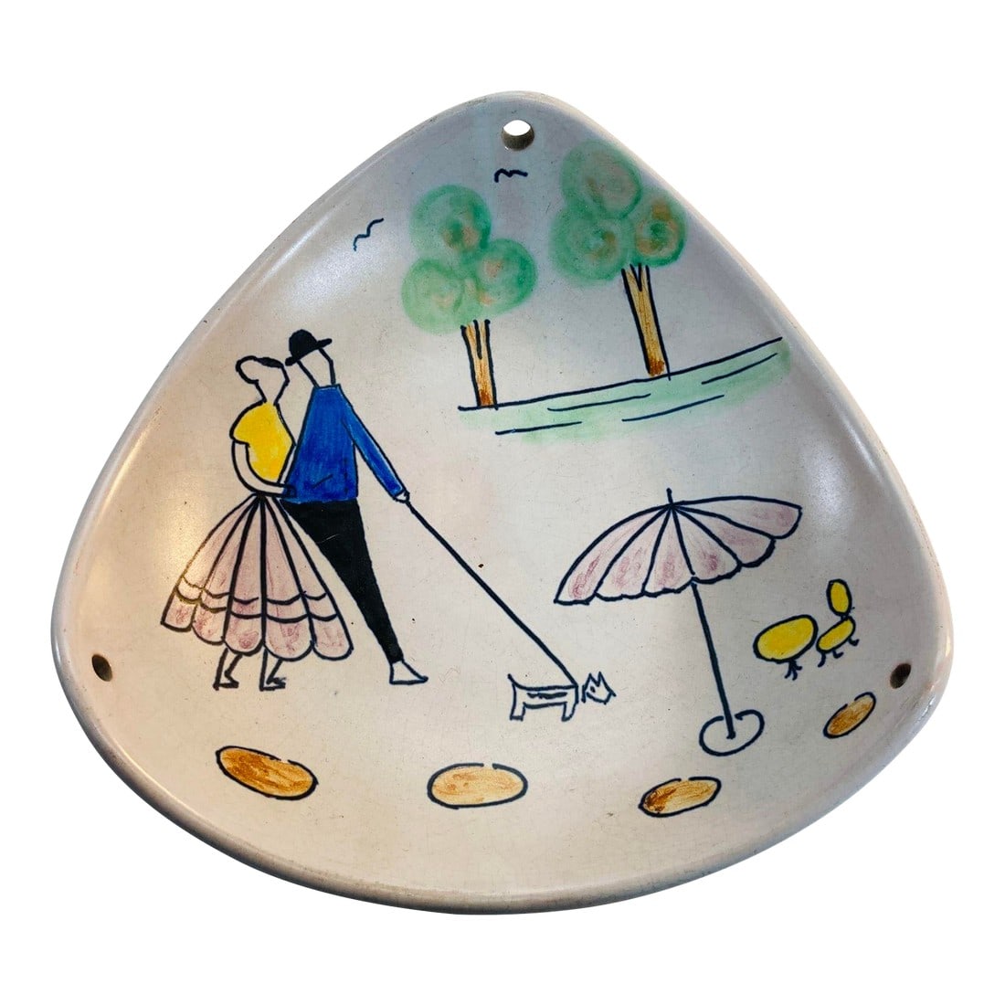 Vintage German Plate Hand-Painted Triangular Dish Catchall 1950s: Original German vintage hand-painted "Handgemalt" small triangular shape ceramic plate. Ivory grey with a hand-painted scene of a couple with a dog, trees, birds, in Yellow, blue, green, black and