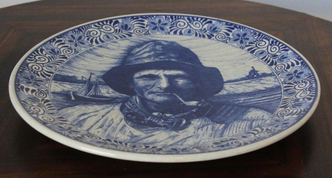Delft Large Vintage Ceramic Plate Blue and White Dutch Holland Charger 1940s - 3