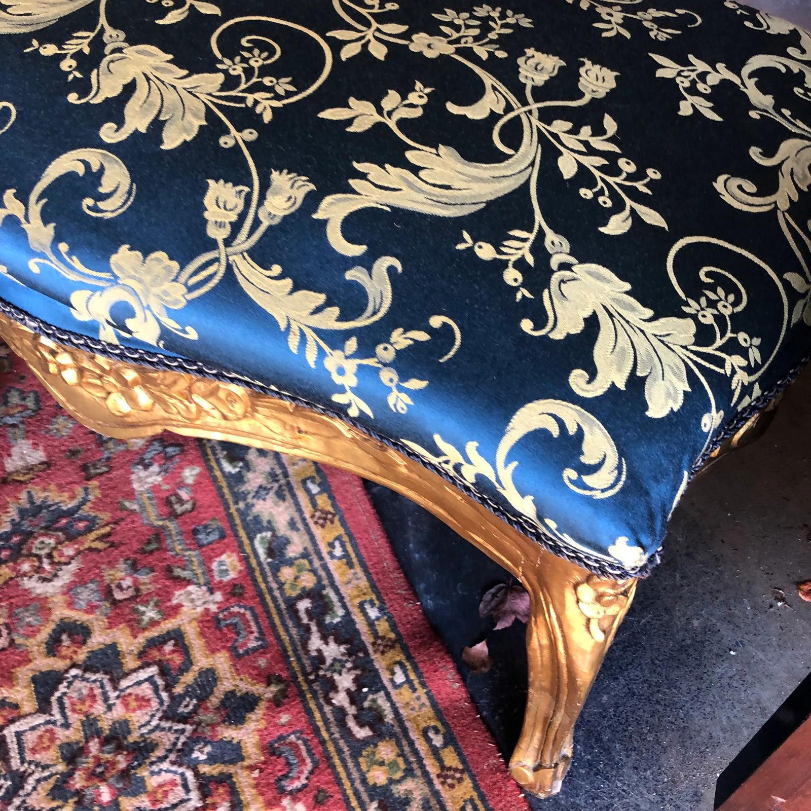 1940s Vintage Peacock Blue and Gold Gilded Bench - 2