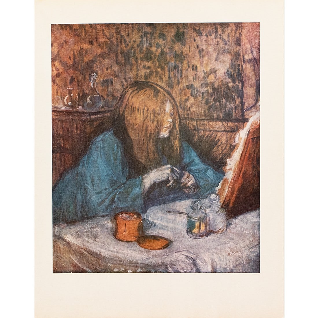 1952 After Toulouse-Lautrec "Woman at Her Toilette", Full-Color Print: An excellent reproduction full-color print after painting by Toulouse-Lautrec "Woman at her Toilette" (1898). Comes from an art folio published and printed in the United States, in 1952. Printed on