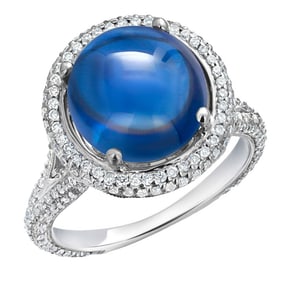 18 Karat White Gold Ceylon Cabochon Sapphire 8.33 Carats Diamonds 1.20 Carats Cluster Ring Size 5.5