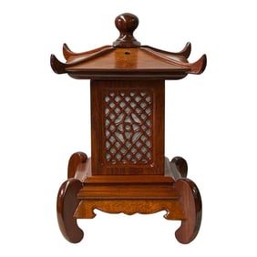 Oriental Medium Brown Wood Square Tower Pagoda Shape Table Lamp