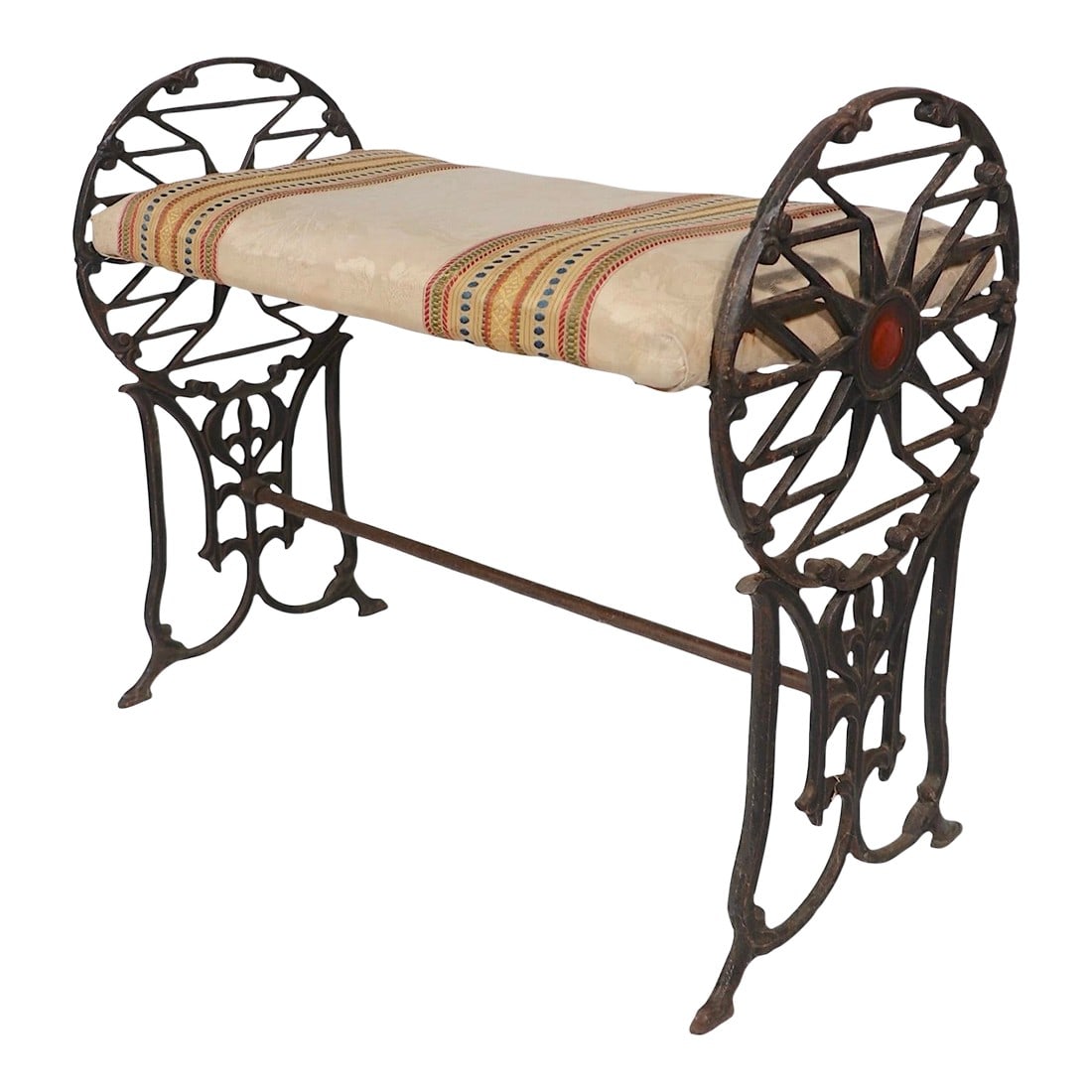 Art Deco Iron Bench C 1920/30's: Exceptional Art Deco window bench, vanity seat having a cast iron frame, with a rectangular seat cushion. The sides feature decorative cast iron openwork, the seat fabric is a later replacement,