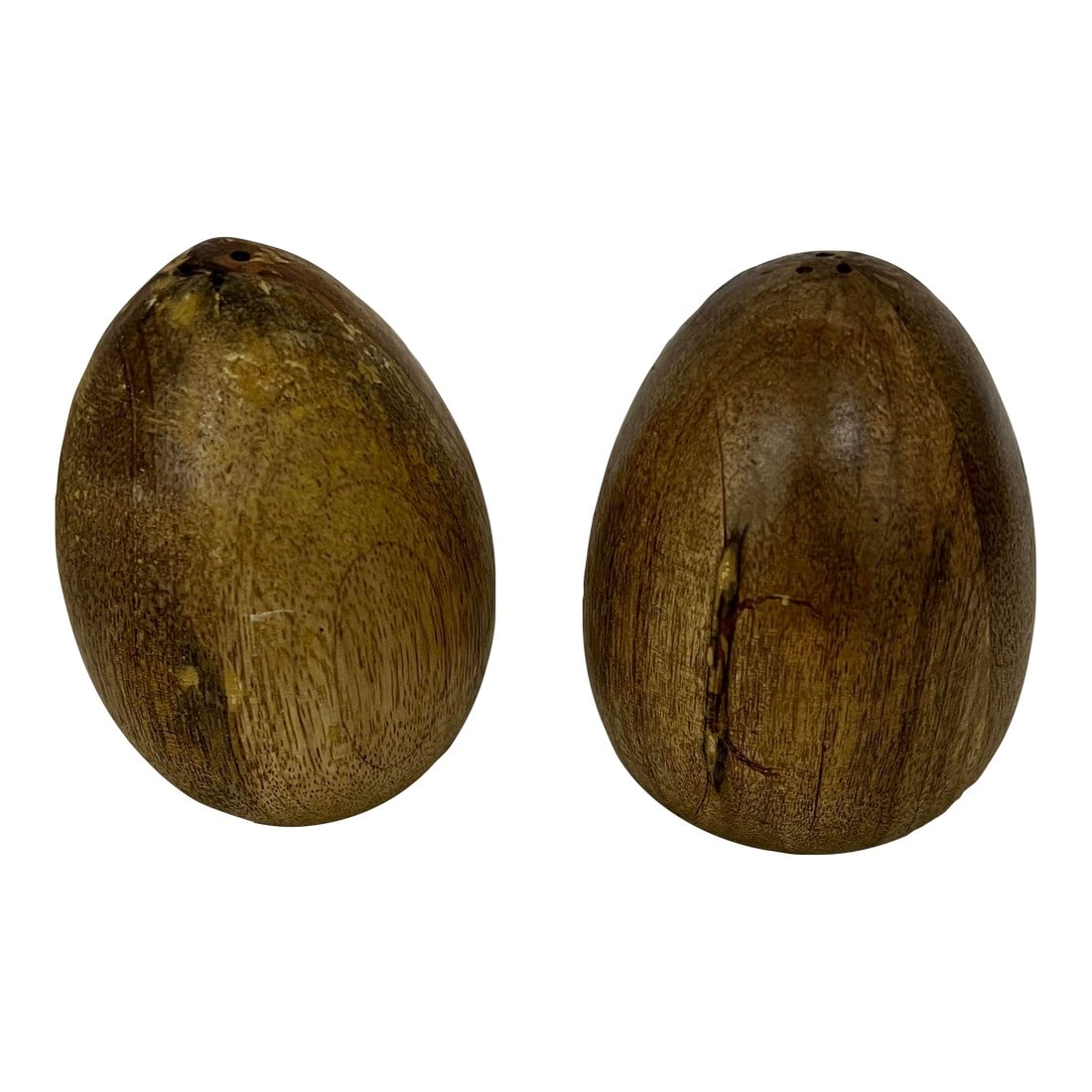 Handmade Hardwood Egg Shaped Salt and Pepper Shakers - a Pair: Handmade wooden egg shaped salt and pepper shakers. Natural finish lets the beautiful grain show. Each measures 2.75" diameter x 3.75"h. Condition: Alterations: Original Condition Unaltered