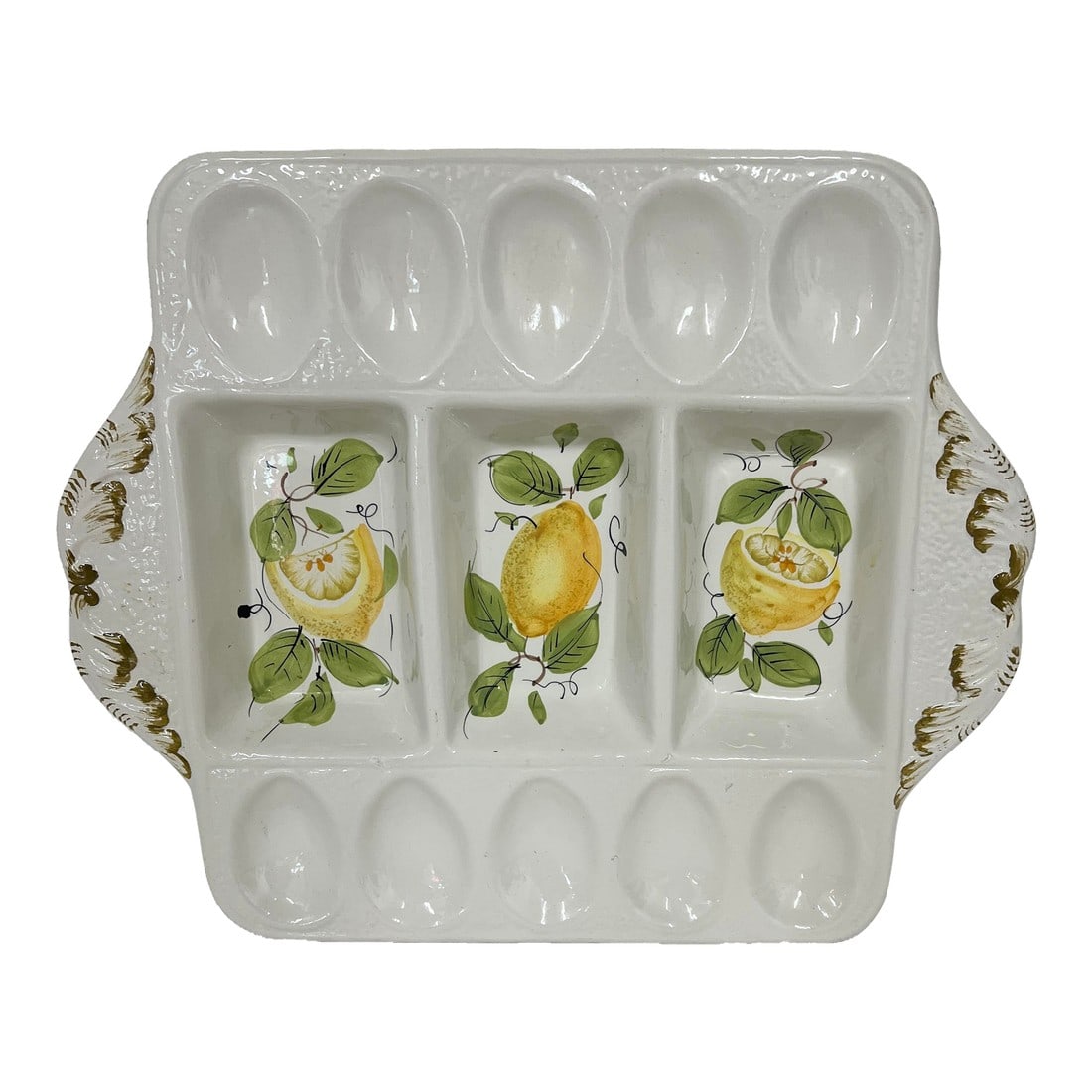 Italian Lemon Design Deviled Egg Plate: Beautifully designed devil egg plate with 20 slots for eggs and 3 center spaces for other relishes. Measures 14" x 12.5" x 1.5 Condition: Alterations: Original Condition Unaltered Imperfections: