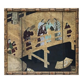20th Century Poster of the Edo Era Japanese Byobu Screen (Fragment) in Bamboo Style Wood Frame
