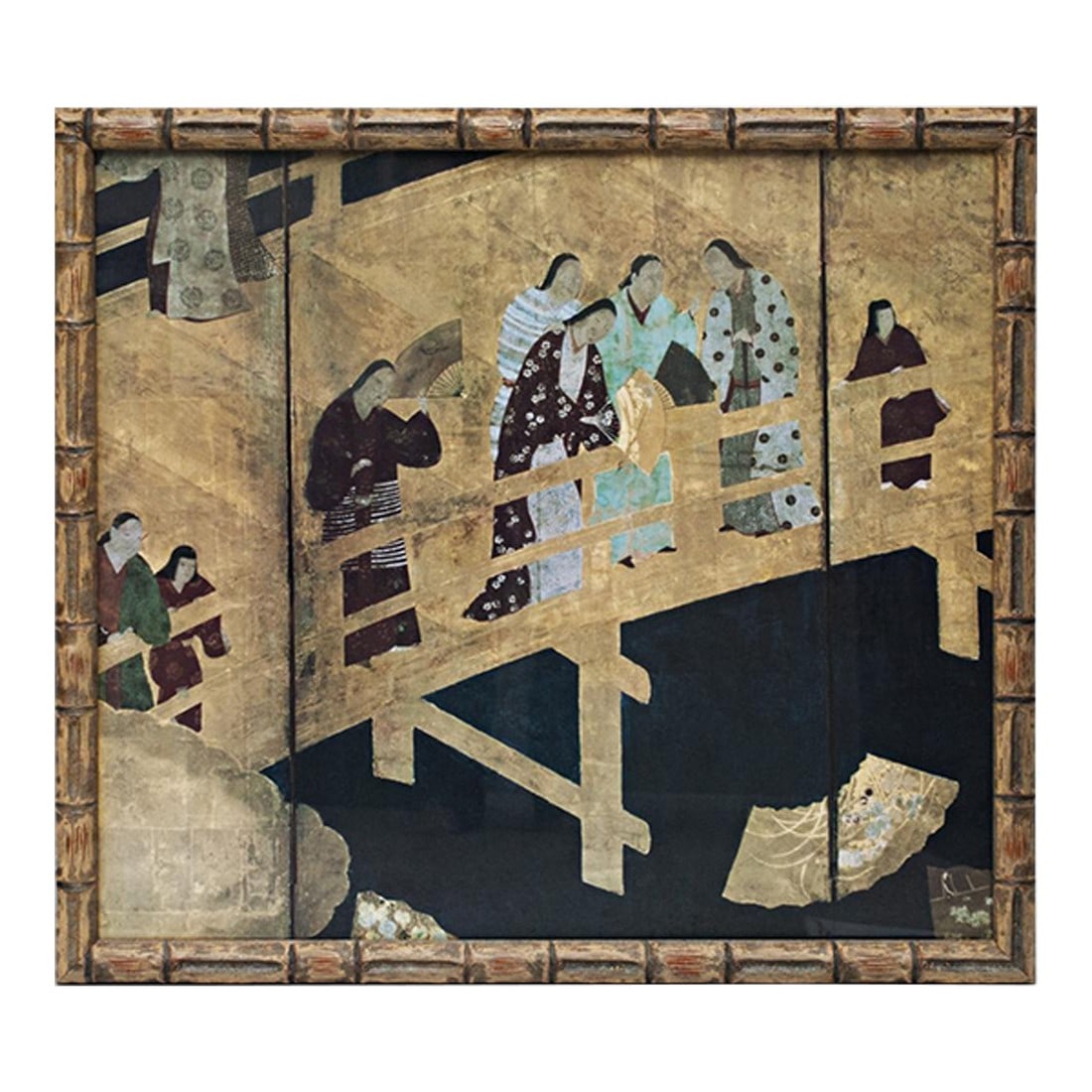 20th Century Poster of the Edo Era Japanese Byobu Screen (Fragment) in Bamboo Style Wood Frame: A large Framed Poster of the Edo Era Japanese Byobu Screen (Fragment) by The Kano School artist, Edo Era. Covered with glass. Custom made thick bamboo style wood frame. Paper and wire hanger on back.