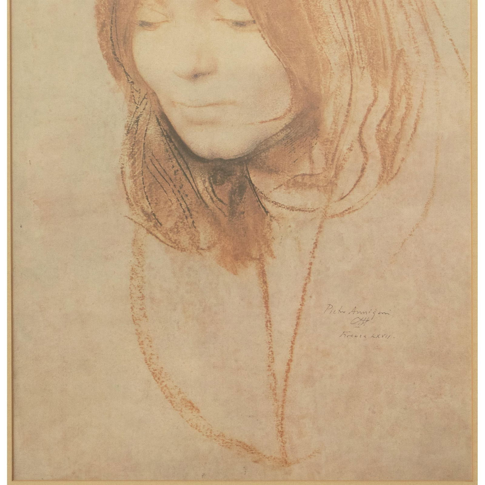 After Pietro Annigoni "Portrait of a Woman", Mid 20th Century Large Monochrome Framed Print - 4