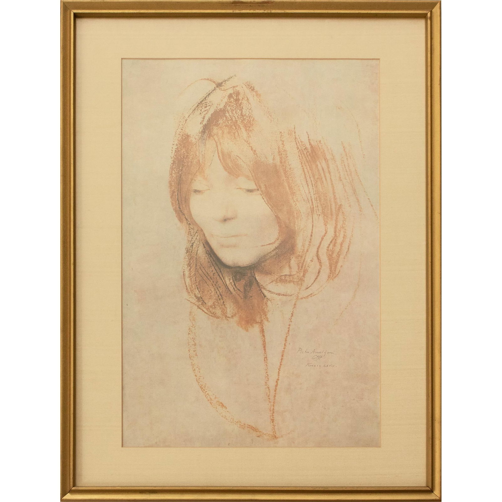 After Pietro Annigoni "Portrait of a Woman", Mid 20th Century Large Monochrome Framed Print - 7