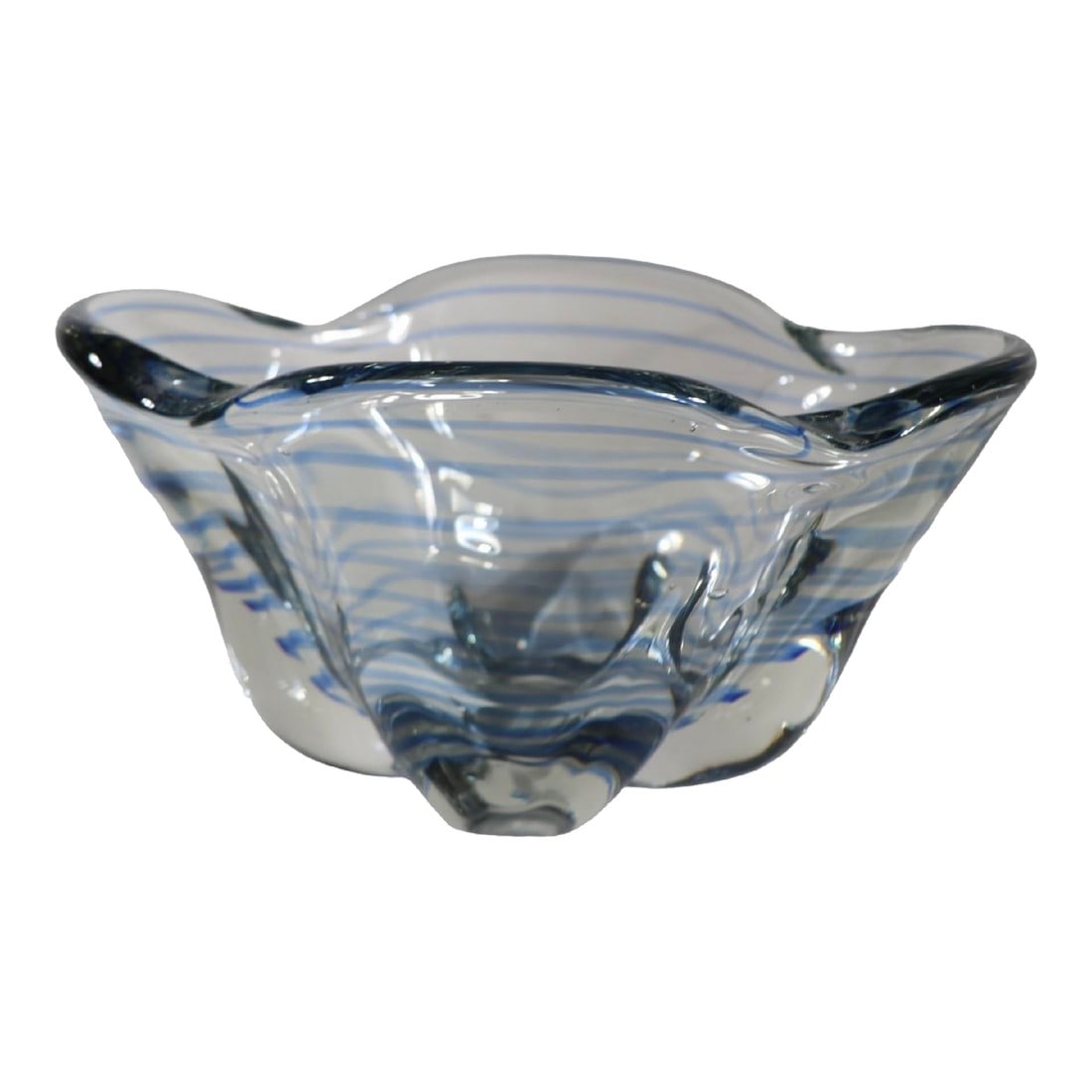 Scandinavian Mid Century Art Glass Bowl Poss. Orrefors: Mid Century Art Glass bowl having a thick clear glass body with repeating organic wave like blue horizontal lines. Scandinavian made, possibly Orrefors, unsigned, this example is in excellent