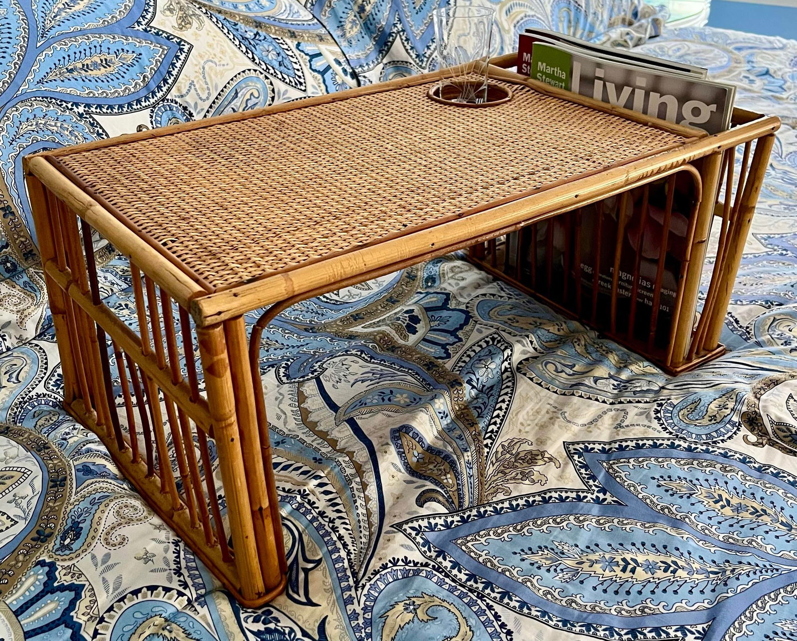 1970s Bamboo and Rattan Bed Tray Breakfast Tray With Cup Holder and Magazine / Newspaper Side Storag - 10