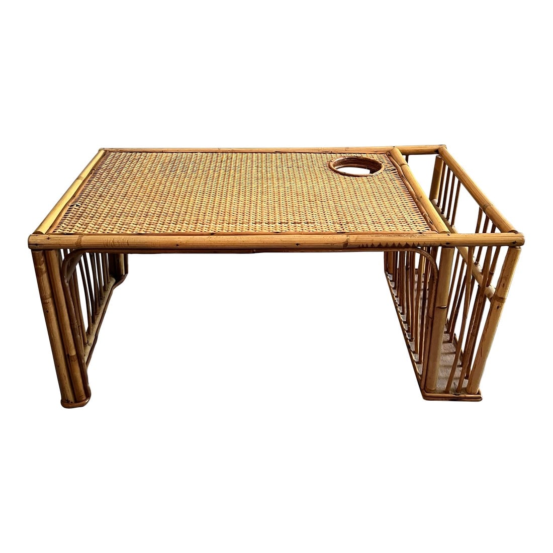 1970s Bamboo and Rattan Bed Tray Breakfast Tray With Cup Holder and Magazine / Newspaper Side Storag: Perfect for breakfast in bed, any meal or snack or even working on a laptop. Vintage 1970s bamboo and cane rattan bed tray or breakfast tray. The caned top includes a cup holder and a side storage slo