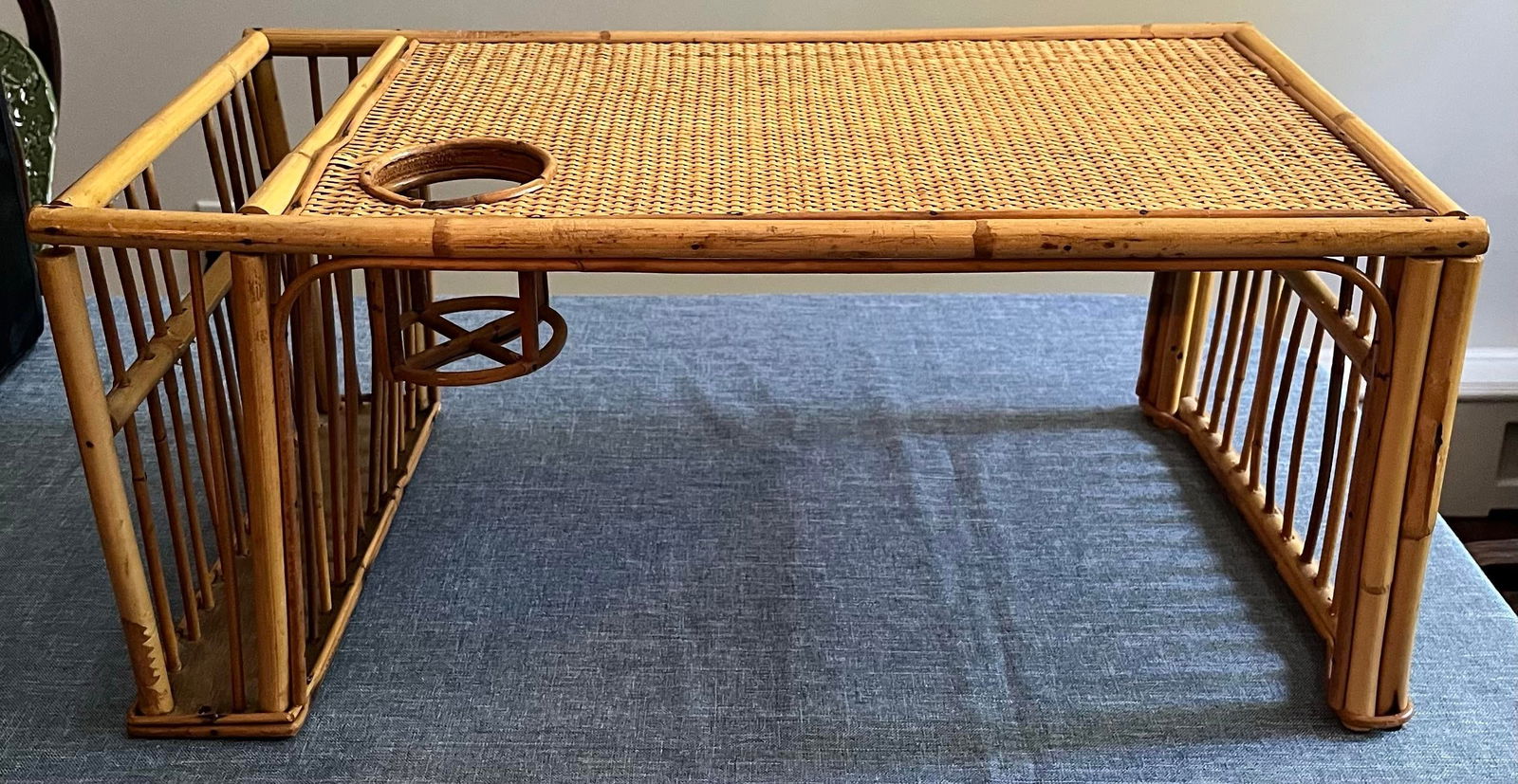 1970s Bamboo and Rattan Bed Tray Breakfast Tray With Cup Holder and Magazine / Newspaper Side Storag - 4