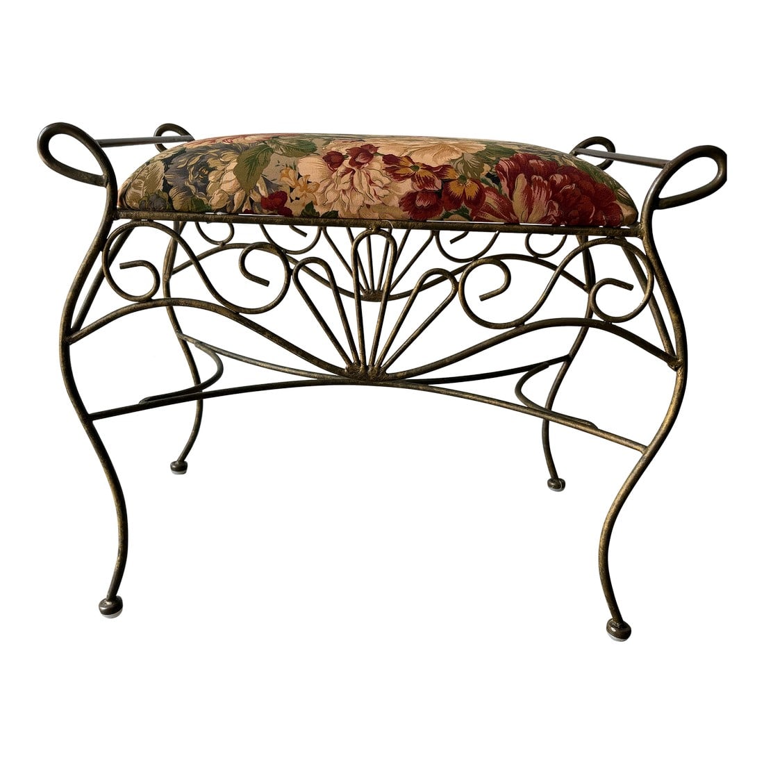 1970s Vintage Italian Gold Gilt Brass Boudoir Hollywood Regency Vanity Bench With Attached Cushion: Lovely vintage brass vanity bench with elaborate scrollwork and a beautiful vintage patina to the brass. The seat covering is attached with screws and can easily be reupholstered. The seat cushion is