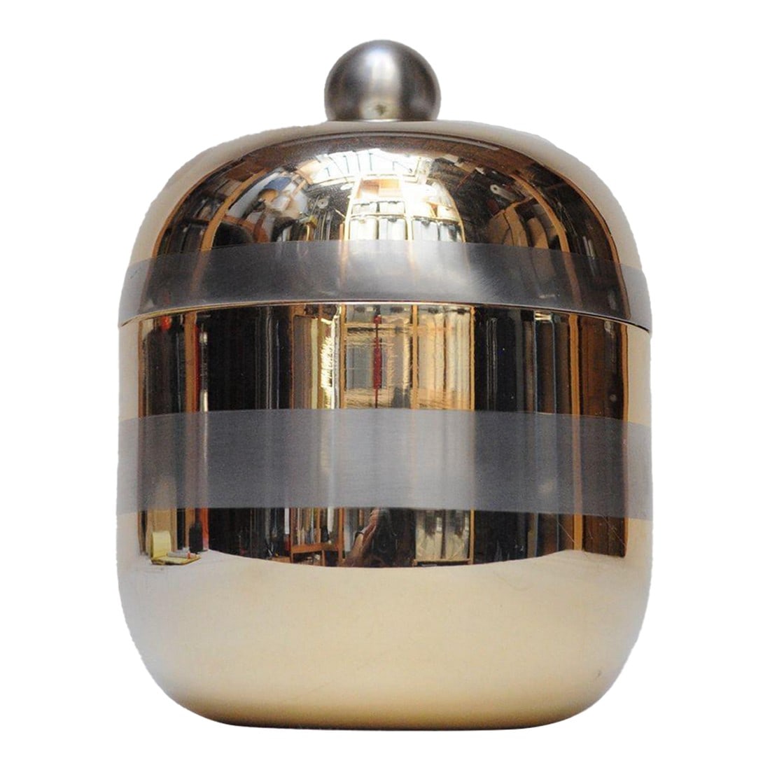 Italian Modernist "Apple" Lidded Trinket Box in Gold and Silver Aluminum: Petite apple-form box for holding small items in gold aluminum with silver banding and orb handle (ca. 1960s, Italy). Luxurious decorative item in very good, newly polished condition with only light
