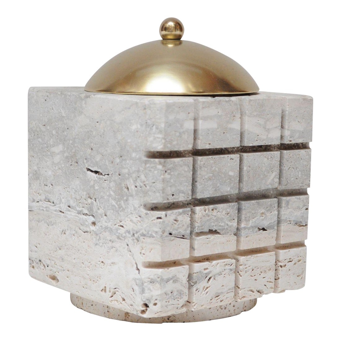 Vintage Italian Travertine and Brass Decorative Cube Box by Passeri for Ark Line: Unique travertine 'cube' decorative box with brass dome lid and hollowed out cylindrical interior storage compartment suitable for small objects designed by P. Passeri for Ark-Line (ca. 1970s,