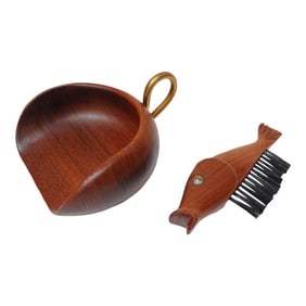 Vintage Italian "Fish" Crumb Brush and Pan in Teak and Brass