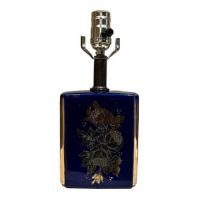 1960s Nathan Lagin Hand Crafted Blue Ceramic Lamp Gold Floral