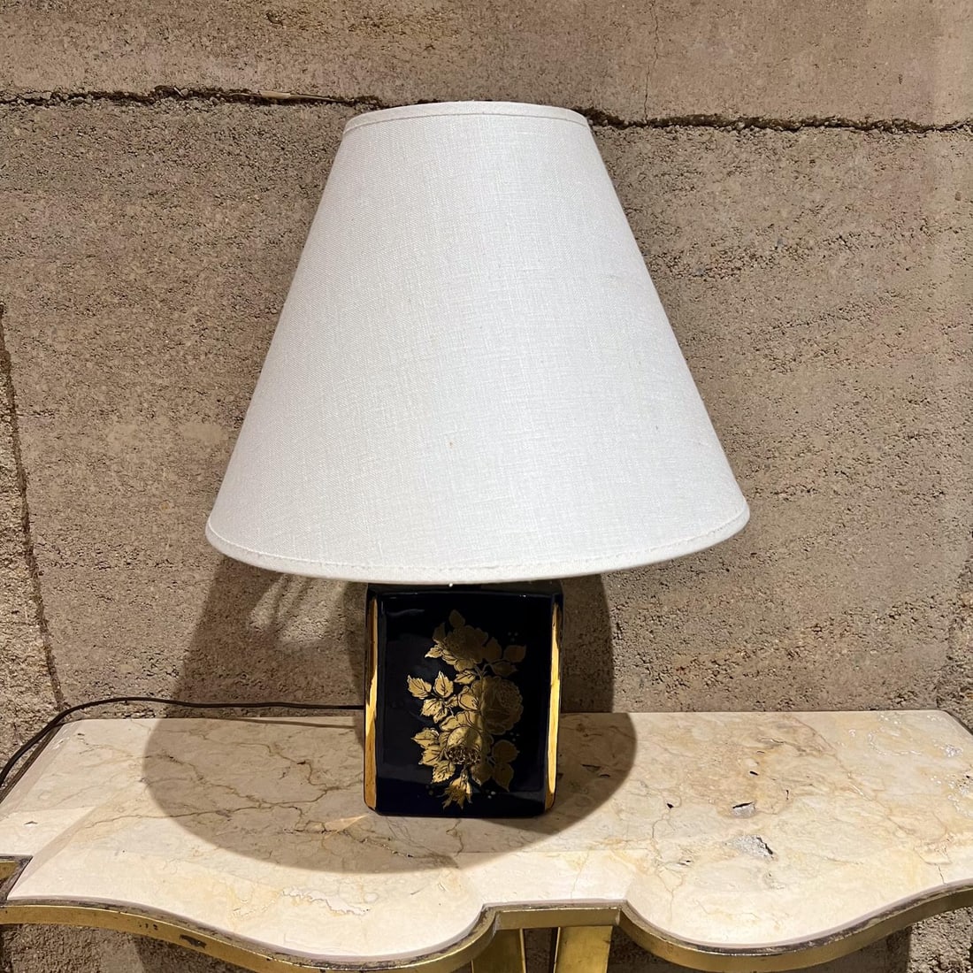 1960s Nathan Lagin Hand Crafted Blue Ceramic Lamp Gold Floral - 3