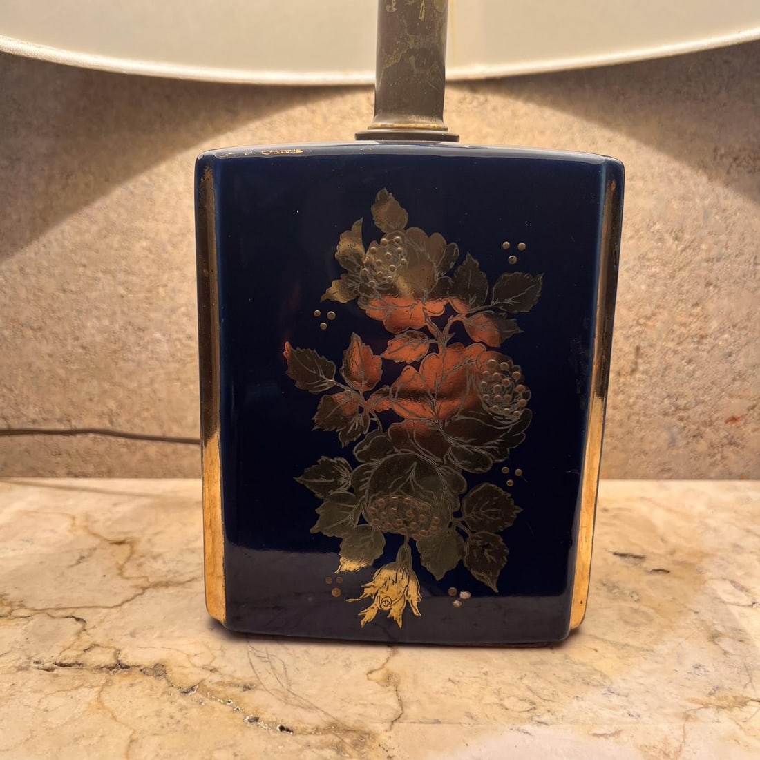1960s Nathan Lagin Hand Crafted Blue Ceramic Lamp Gold Floral - 4