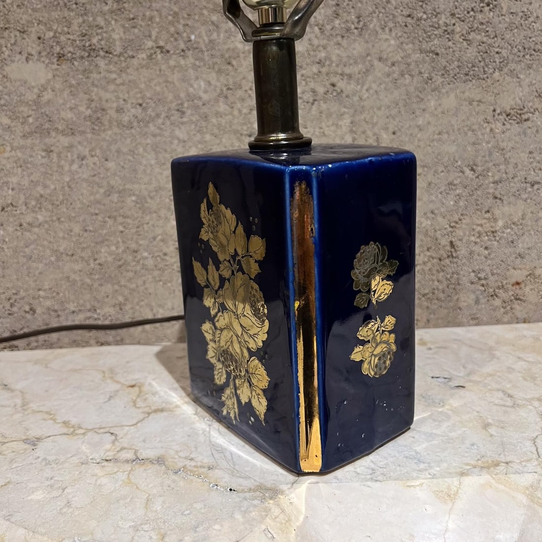 1960s Nathan Lagin Hand Crafted Blue Ceramic Lamp Gold Floral - 5