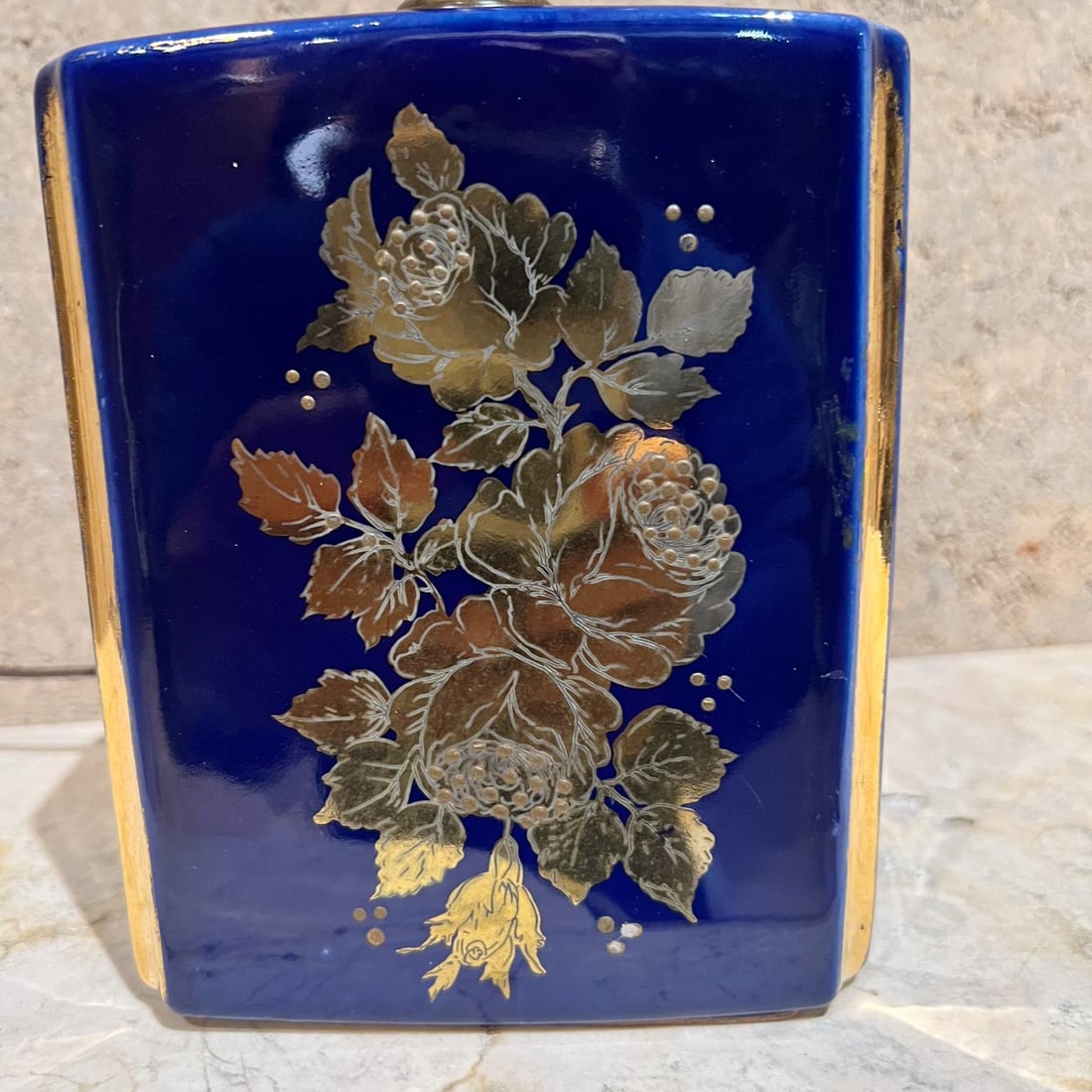 1960s Nathan Lagin Hand Crafted Blue Ceramic Lamp Gold Floral - 6