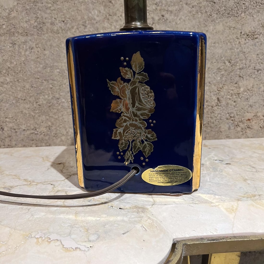 1960s Nathan Lagin Hand Crafted Blue Ceramic Lamp Gold Floral - 7