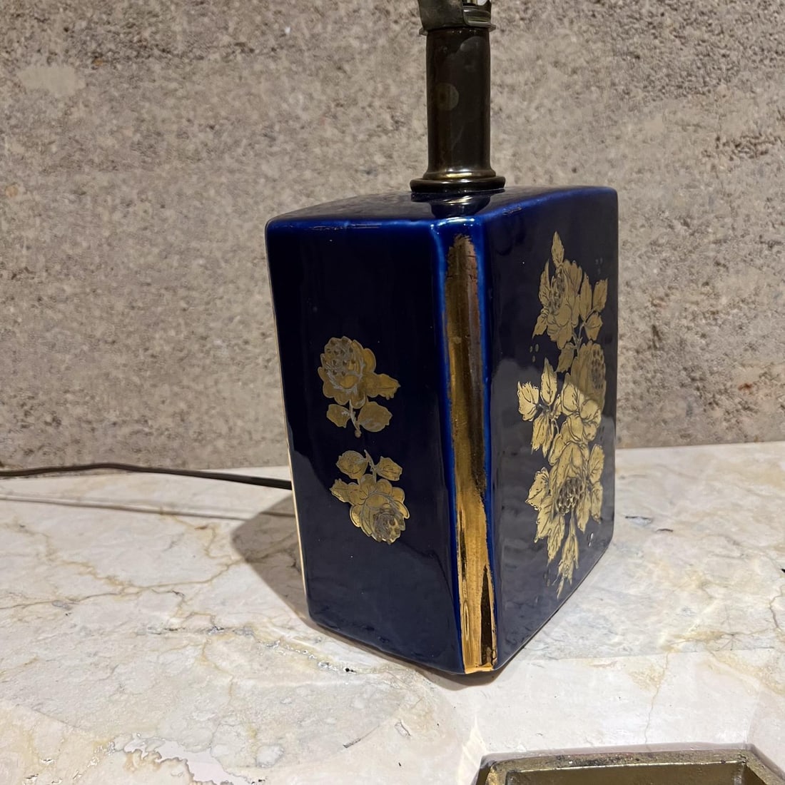1960s Nathan Lagin Hand Crafted Blue Ceramic Lamp Gold Floral - 8