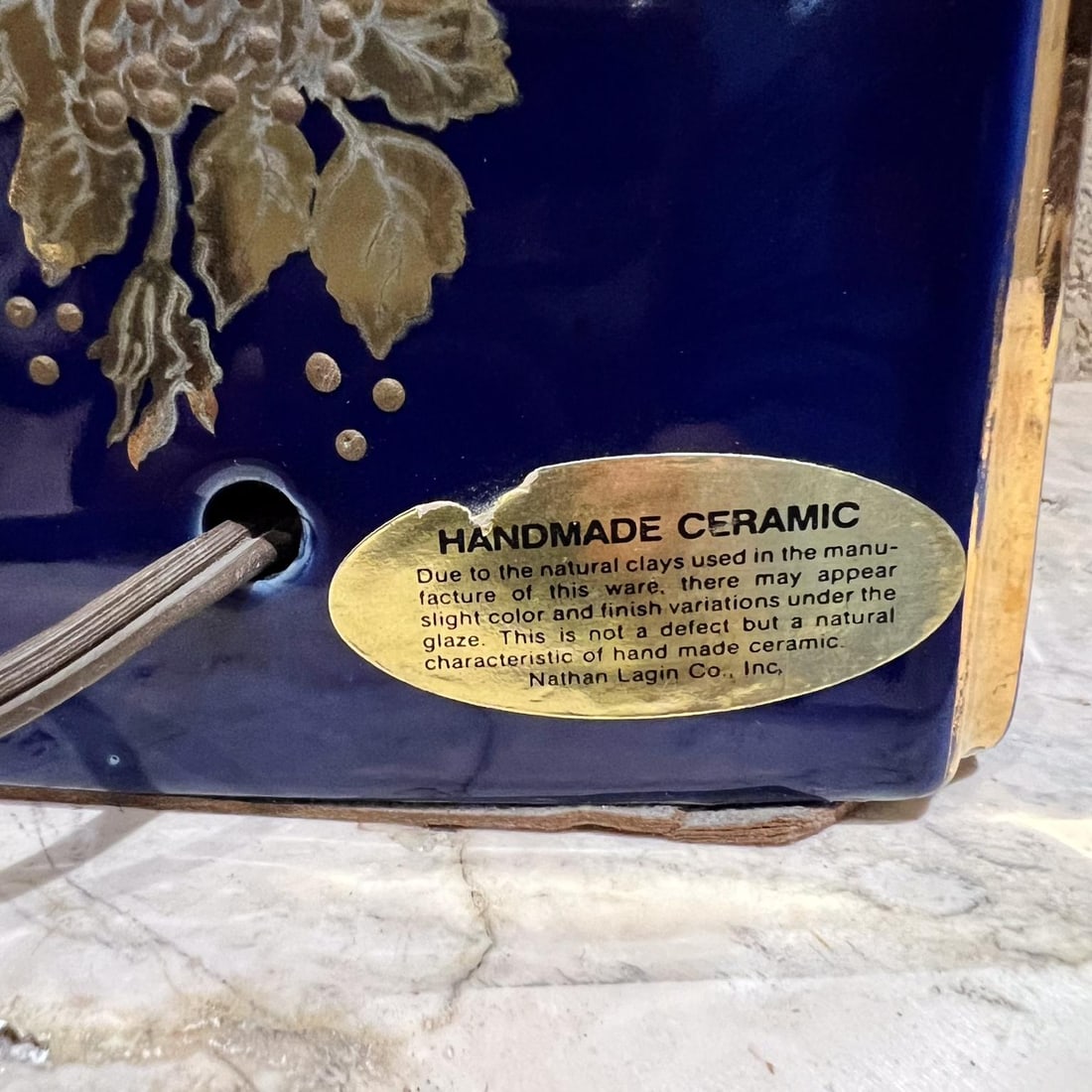 1960s Nathan Lagin Hand Crafted Blue Ceramic Lamp Gold Floral - 9