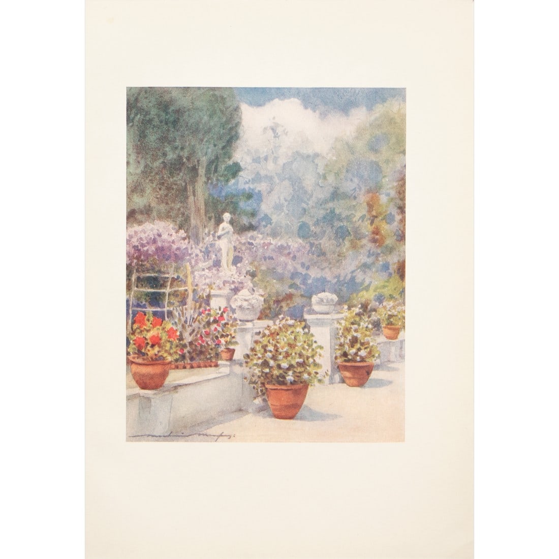1912 Mortimer Menpes "Mrs Eden's Garden in Venice", Original Full-Color Print: An original small period antique full-color print of Venice by Mortimer Menpes after his watercolor painting "Mrs Eden's Garden in Venice". Printed in London, in 1912. Gold leafed top edge. Original