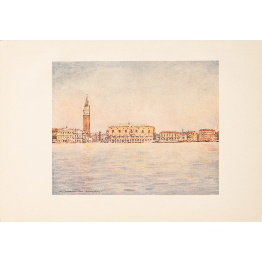 1912 Mortimer Menpes "Panorama Seen From At. Mark's Basin", Original Full-Color Print of Venice: An original small period antique full-color print of Venice by Mortimer Menpes after his watercolor painting "Panorama Seen From At. Mark's Basin". Printed in London, in 1912. Gold leafed top edge.