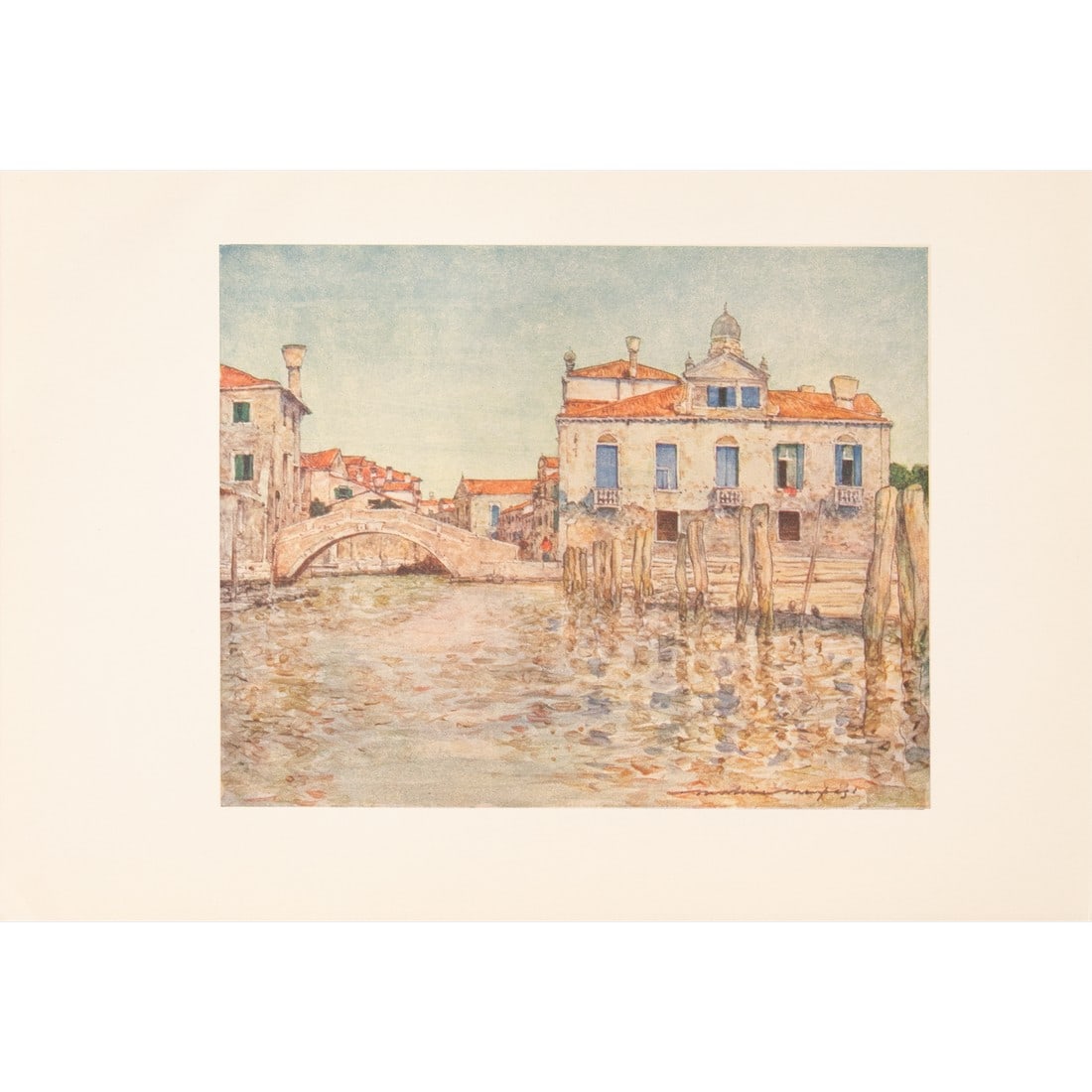 1912 Mortimer Menpes "By a Squero or Boat-Building Yard", Original Full-Color Print of Venice: An original small period antique full-color print of Venice by Mortimer Menpes after his watercolor painting "By a Squero or Boat-Building Yard". Printed in London, in 1912. Gold leafed top edge.