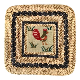 Farmhouse, French Country Woven Cornhusk Chair Cushion W/ Rooster Needlepoint Design,