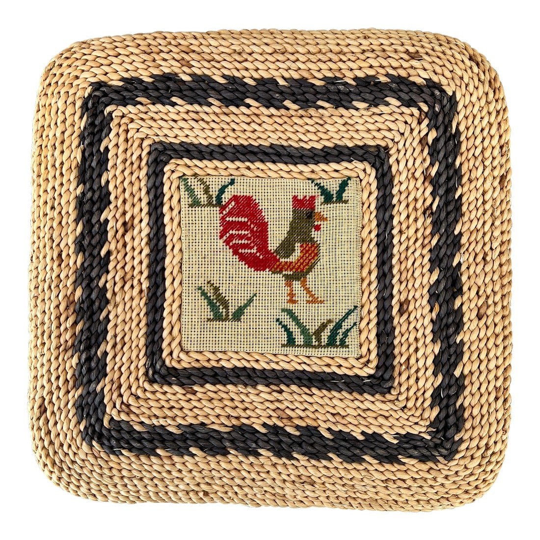 Farmhouse, French Country Woven Cornhusk Chair Cushion W/ Rooster Needlepoint Design,: Farmhouse, French Country, Rustic woven cornhusk decorative pillow or seat cushion with rooster needlepoint center design. Makes a great accent for occasional choirs. Measures 15" x 15" x 2 