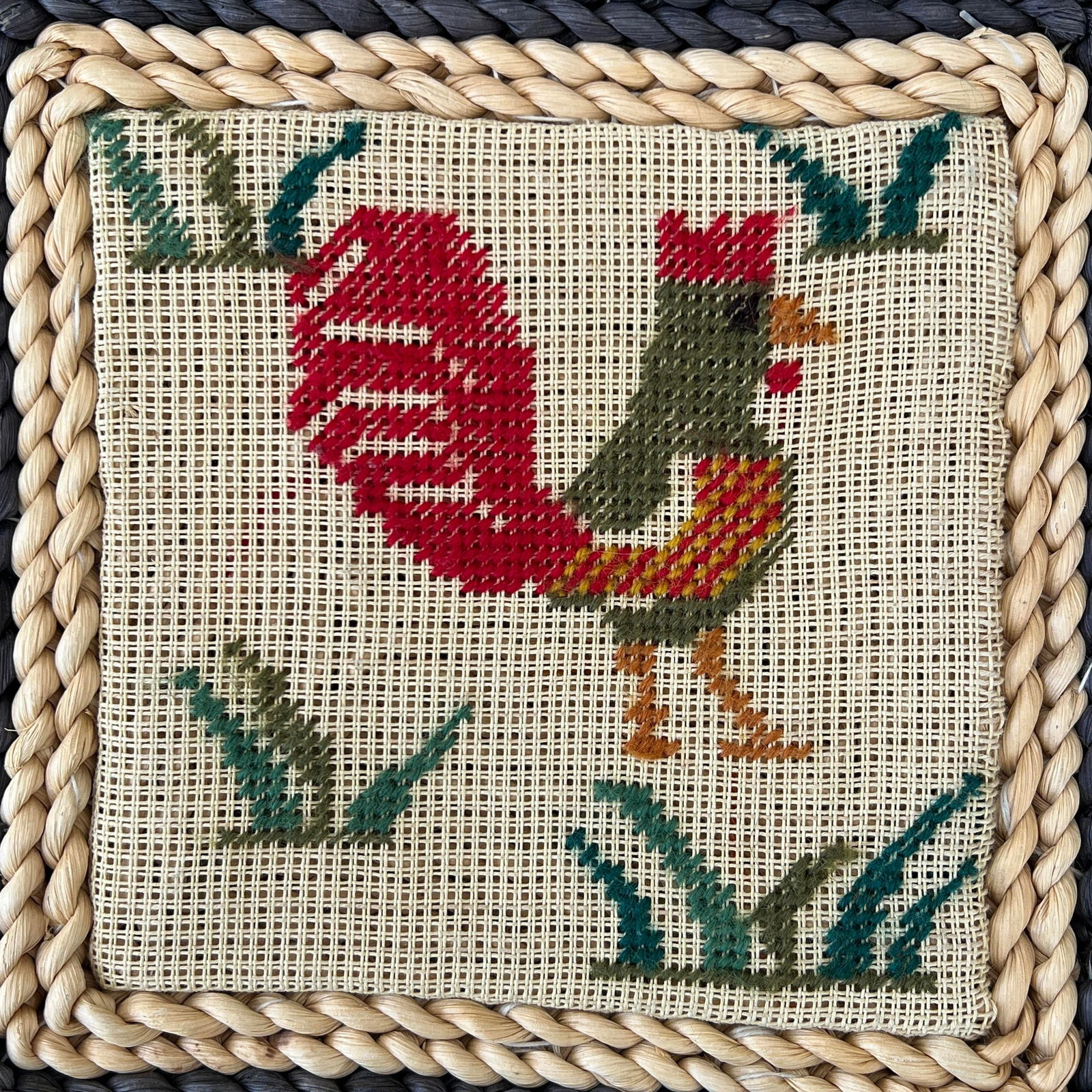 Farmhouse, French Country Woven Cornhusk Chair Cushion W/ Rooster Needlepoint Design, - 3