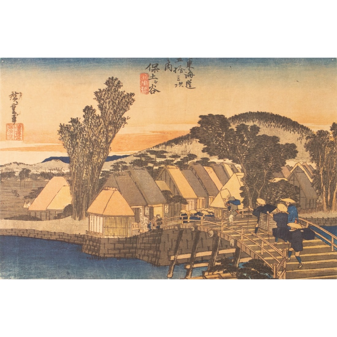 1960 After Hiroshige "The 53 Stations of Tokaido Road. 4th Station", Ukiyo-E Print From France: A vintage reproduction print of antique Ukiyo-e woodblock print by Utagawa Hiroshige From his series "The Fifty-Three Stations of the TÅkaidÅ Road". Fourth Station: Hodogaya. In the title bl