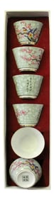 Chinese Light Green Birds Graphic Porcelain Handmade Tea Cup 6 Pieces Set