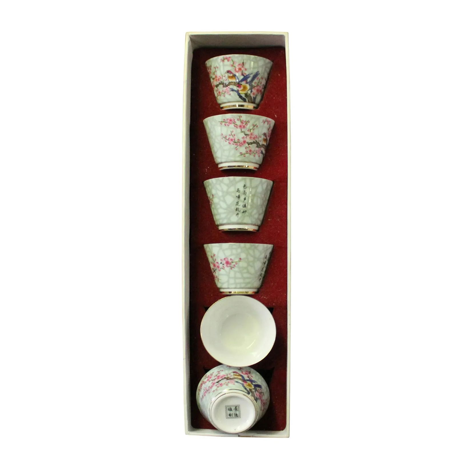 Chinese Light Green Birds Graphic Porcelain Handmade Tea Cup 6 Pieces Set - 6