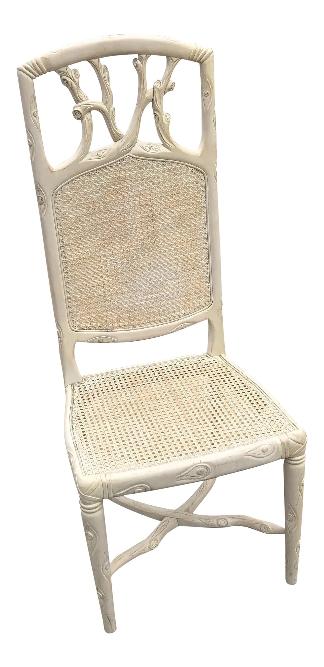 1970s Vintage Faux Boise White Wooden Cane Accent Chair: Beautifully carved white cane chair with twig details. Perfect for an accent chair Condition: Alterations: Original Condition Unaltered Imperfections: Some Imperfections Condition Notes: In good