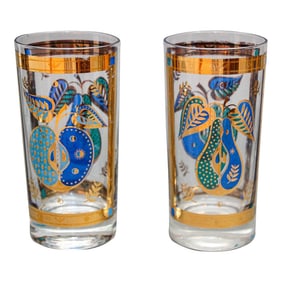 Georges Briard the Forbidden Fruit Pattern Turquoise and Gold Glasses Set of 2