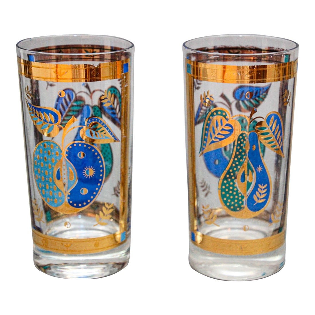 Georges Briard the Forbidden Fruit Pattern Turquoise and Gold Glasses Set of 2: Elegant exquisite vintage set of 2 turquoise and gold highball cocktail glasses by Georges Briard in the Forbidden Fruit Pattern. A truly rare and unique collectible set of turquoise and gold