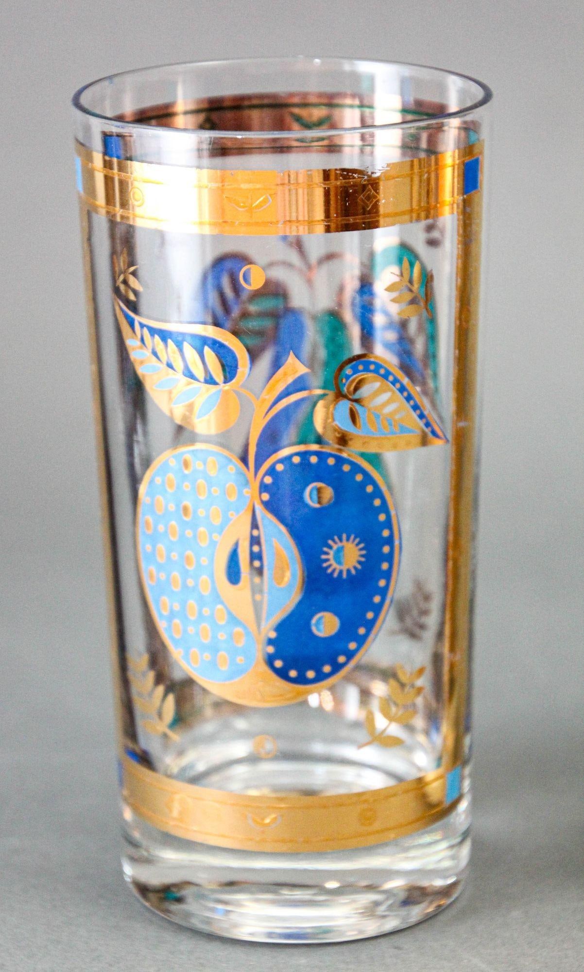 Georges Briard the Forbidden Fruit Pattern Turquoise and Gold Glasses Set of 2 - 2