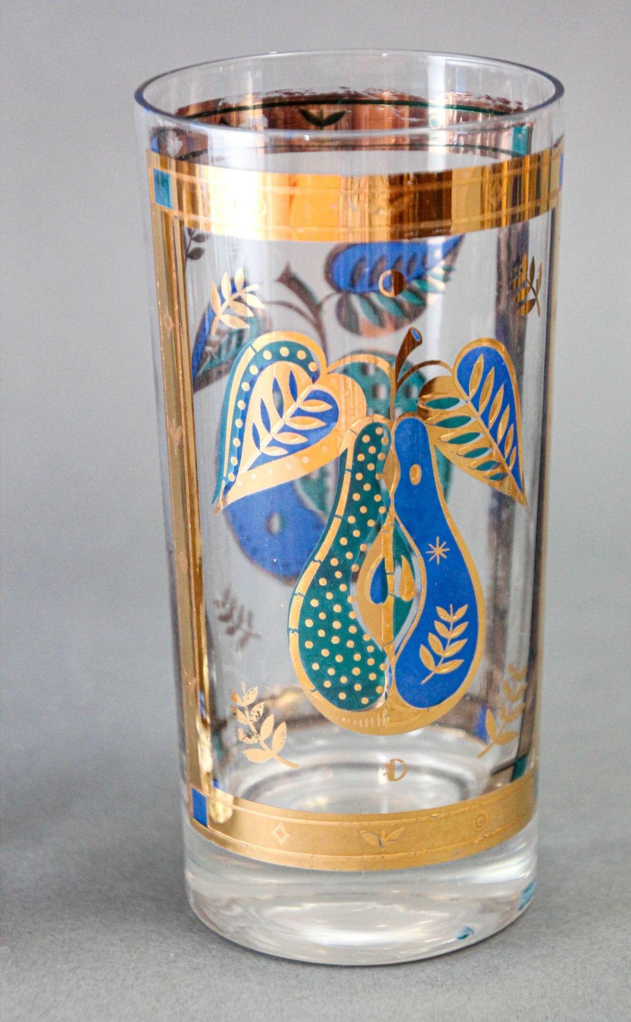 Georges Briard the Forbidden Fruit Pattern Turquoise and Gold Glasses Set of 2 - 3